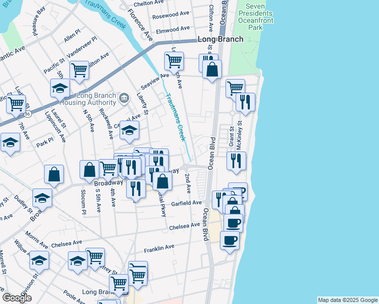 map of restaurants, bars, coffee shops, grocery stores, and more near 8 Long Branch Avenue in Long Branch
