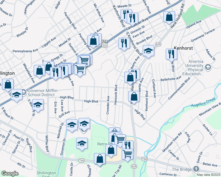 map of restaurants, bars, coffee shops, grocery stores, and more near 1600 Crowder Avenue in Reading