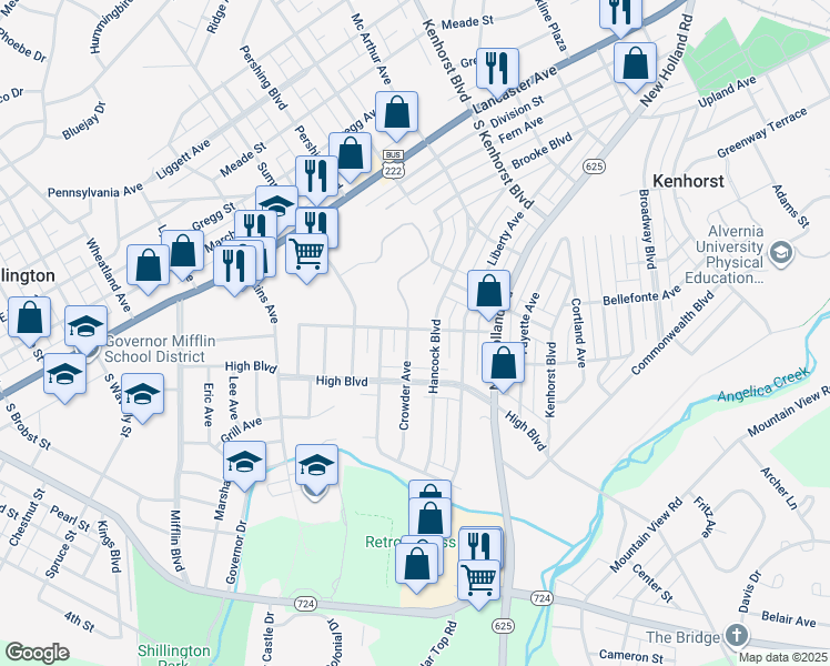 map of restaurants, bars, coffee shops, grocery stores, and more near 1600 Crowder Avenue in Reading