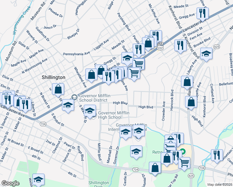map of restaurants, bars, coffee shops, grocery stores, and more near 517 Harding Avenue in Reading