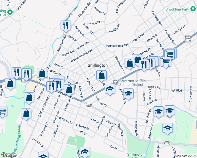 map of restaurants, bars, coffee shops, grocery stores, and more near 138 East Elm Street in Shillington