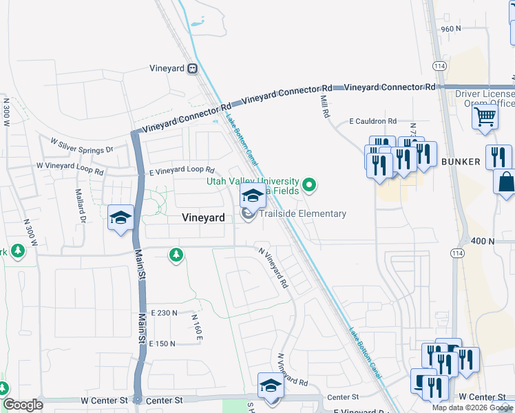 map of restaurants, bars, coffee shops, grocery stores, and more near 508 North 290 East in Vineyard