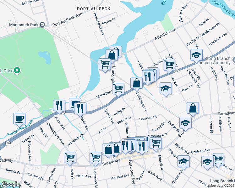 map of restaurants, bars, coffee shops, grocery stores, and more near 207 Branchport Avenue in Long Branch