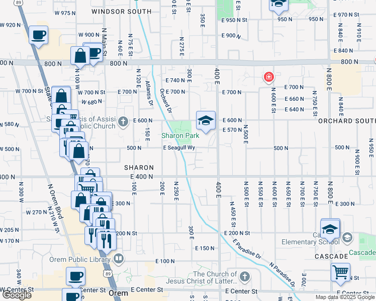 map of restaurants, bars, coffee shops, grocery stores, and more near 301 Birchwood Drive in Orem