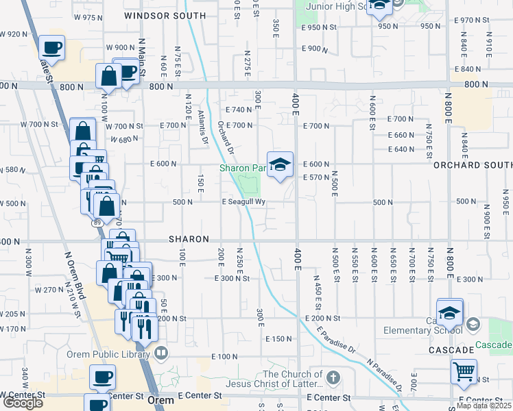 map of restaurants, bars, coffee shops, grocery stores, and more near 301 Birchwood Drive in Orem