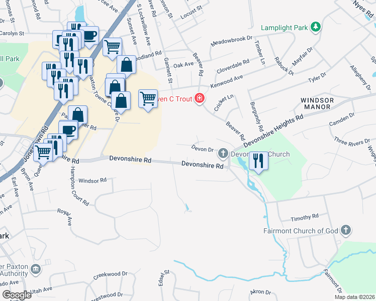 map of restaurants, bars, coffee shops, grocery stores, and more near 5595 Merivale Court in Harrisburg