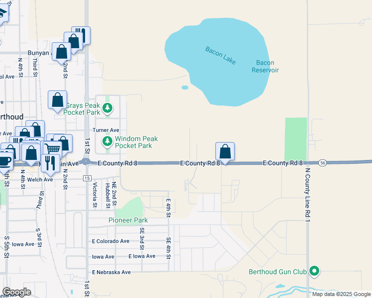 map of restaurants, bars, coffee shops, grocery stores, and more near 520 East 8 in Berthoud