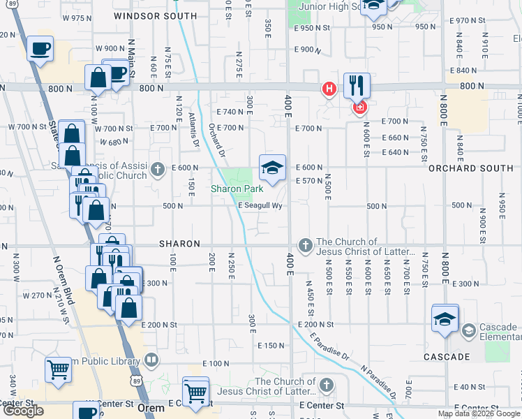 map of restaurants, bars, coffee shops, grocery stores, and more near 313 Birchwood Drive in Orem