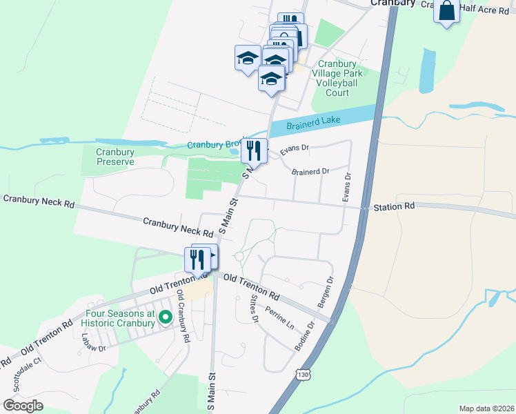 map of restaurants, bars, coffee shops, grocery stores, and more near 16 Station Road in Cranbury