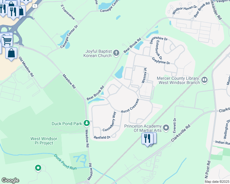 map of restaurants, bars, coffee shops, grocery stores, and more near 5 Nestlewood Way in Princeton