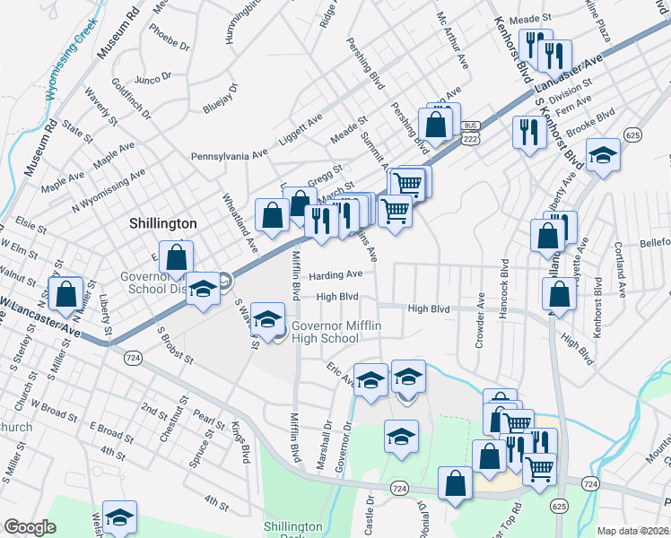 map of restaurants, bars, coffee shops, grocery stores, and more near 517 Harding Avenue in Reading