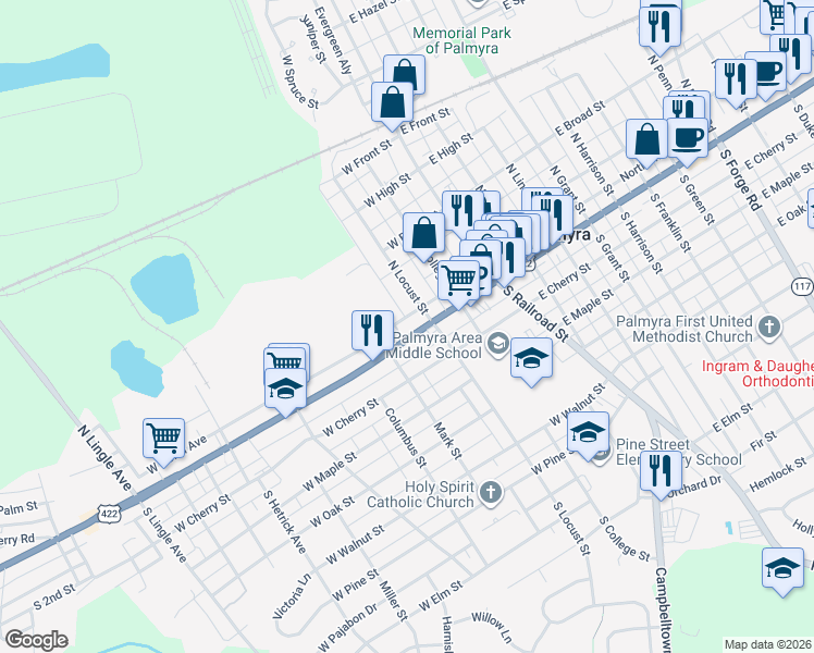 map of restaurants, bars, coffee shops, grocery stores, and more near 207 West Main Street in Palmyra
