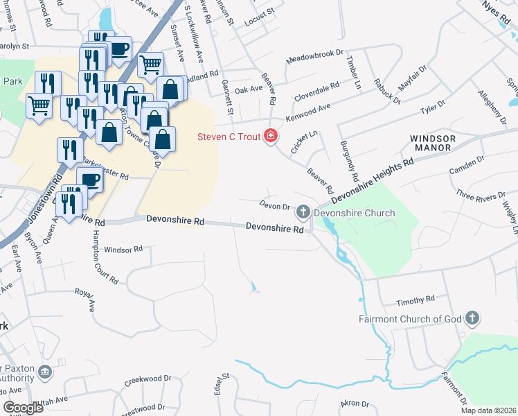 map of restaurants, bars, coffee shops, grocery stores, and more near 5595 Merivale Court in Harrisburg