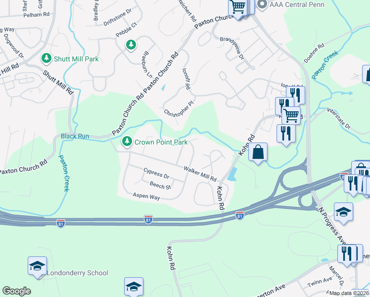 map of restaurants, bars, coffee shops, grocery stores, and more near 2221 Gorse Drive in Harrisburg