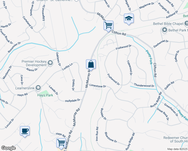 map of restaurants, bars, coffee shops, grocery stores, and more near 685 McMurray Road in Bethel Park