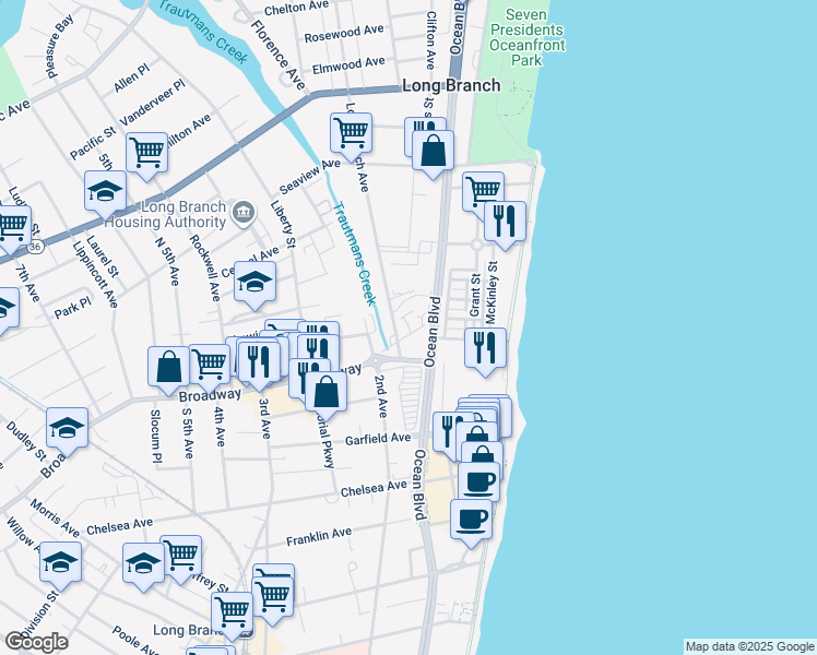 map of restaurants, bars, coffee shops, grocery stores, and more near 7 Long Branch Avenue in Long Branch