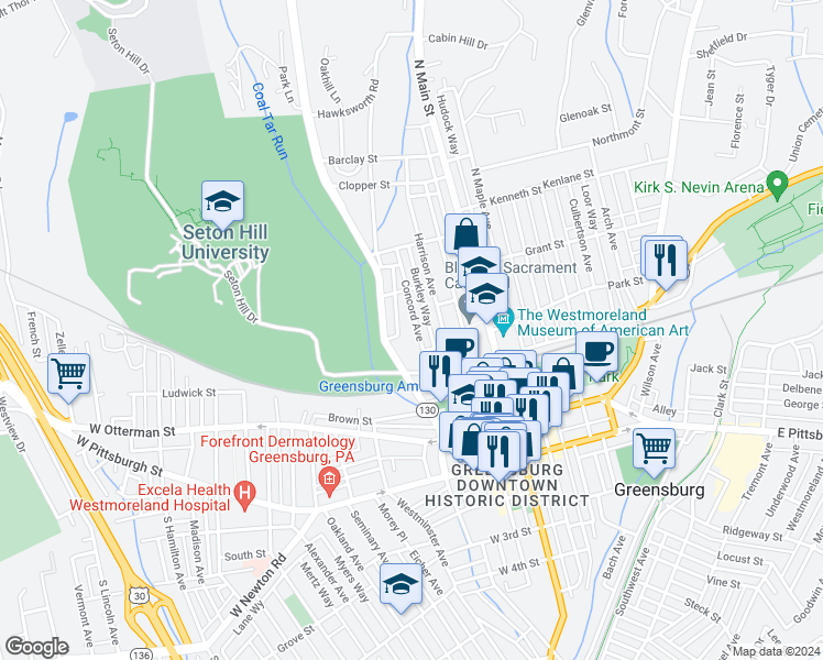 map of restaurants, bars, coffee shops, grocery stores, and more near 326 Concord Avenue in Greensburg