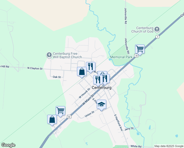 map of restaurants, bars, coffee shops, grocery stores, and more near 108 North Hartford Avenue in Centerburg
