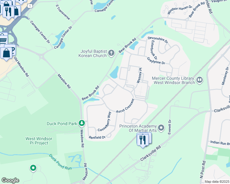 map of restaurants, bars, coffee shops, grocery stores, and more near 17 Tree Swallow Drive in Princeton