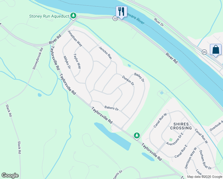 map of restaurants, bars, coffee shops, grocery stores, and more near 2 Dunkin Drive in Washington Crossing