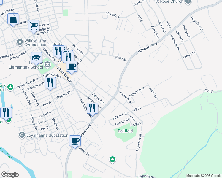 map of restaurants, bars, coffee shops, grocery stores, and more near 110 Slovak Way in Bradenville