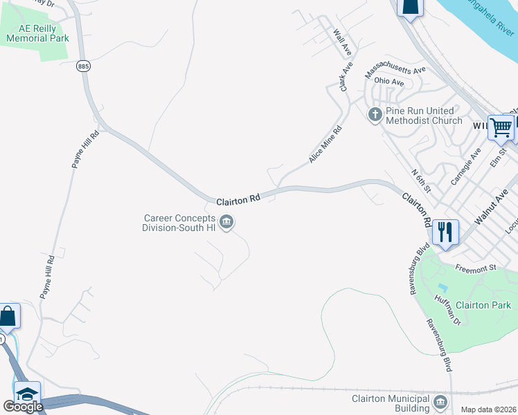 map of restaurants, bars, coffee shops, grocery stores, and more near 705 Pennsylvania 885 in Clairton
