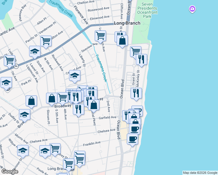 map of restaurants, bars, coffee shops, grocery stores, and more near 10 Long Branch Avenue in Long Branch