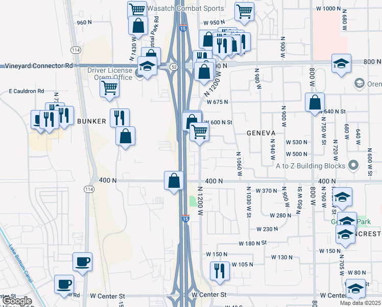 map of restaurants, bars, coffee shops, grocery stores, and more near 497 North 1235 West in Orem