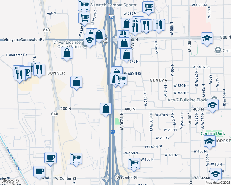 map of restaurants, bars, coffee shops, grocery stores, and more near 499 North 1235 West in Orem