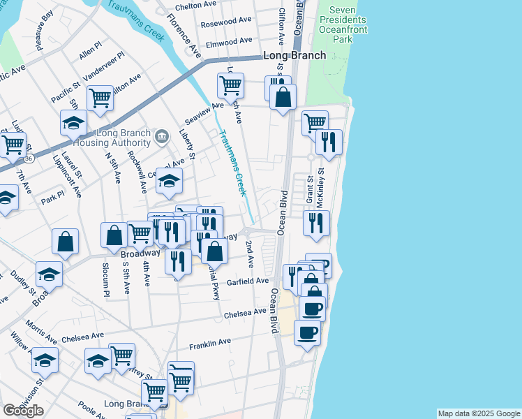 map of restaurants, bars, coffee shops, grocery stores, and more near 9 Long Branch Avenue in Long Branch