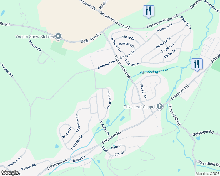 map of restaurants, bars, coffee shops, grocery stores, and more near 102 Clearview Dr in Sinking Spring