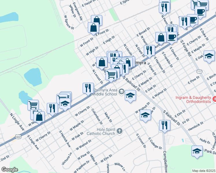 map of restaurants, bars, coffee shops, grocery stores, and more near 120 West Main Street in Palmyra