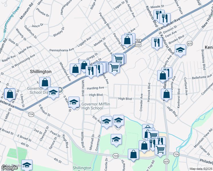 map of restaurants, bars, coffee shops, grocery stores, and more near 529 Harding Avenue in Reading