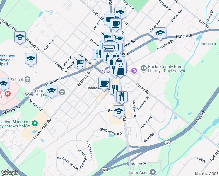 map of restaurants, bars, coffee shops, grocery stores, and more near 98 West Ashland Street in Doylestown