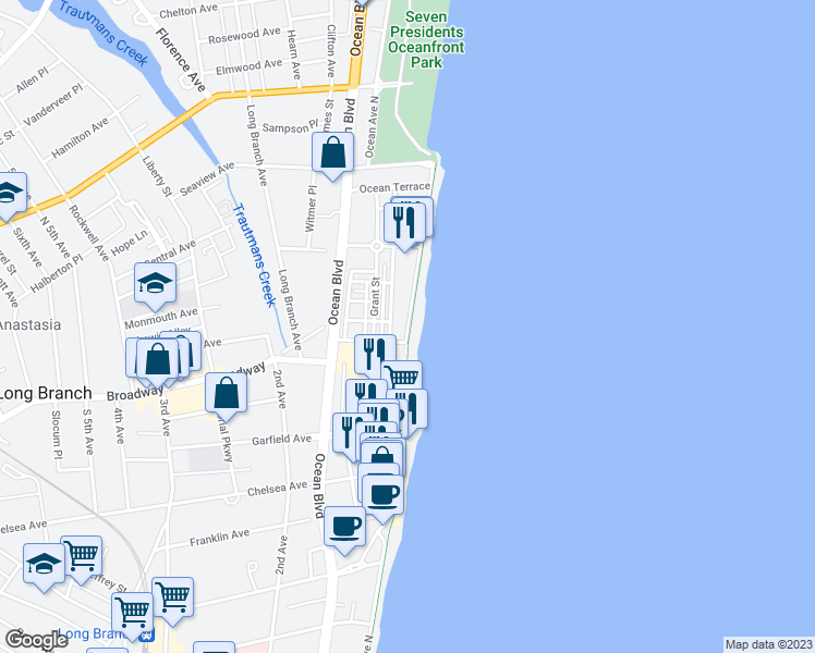 map of restaurants, bars, coffee shops, grocery stores, and more near 2 Ocean Avenue in Long Branch