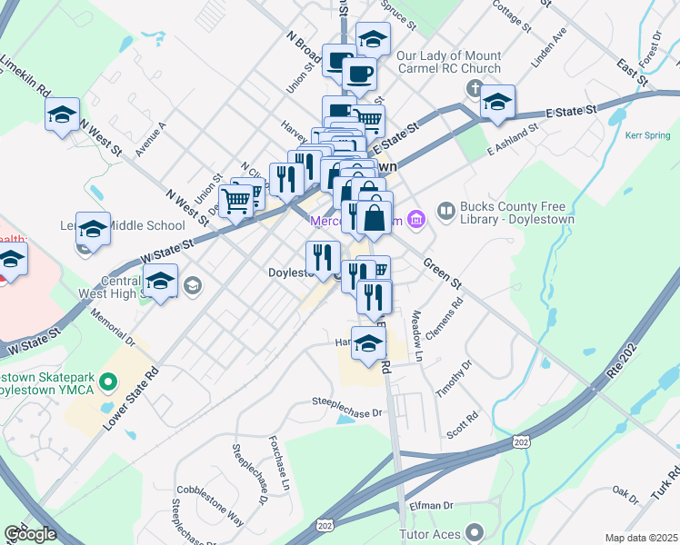 map of restaurants, bars, coffee shops, grocery stores, and more near 130 South Clinton Street in Doylestown