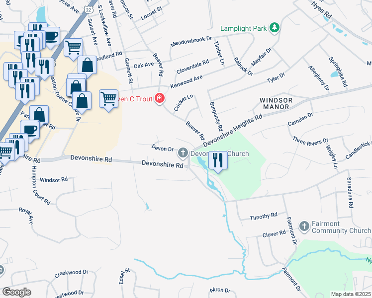 map of restaurants, bars, coffee shops, grocery stores, and more near 5620 Devon Drive in Harrisburg