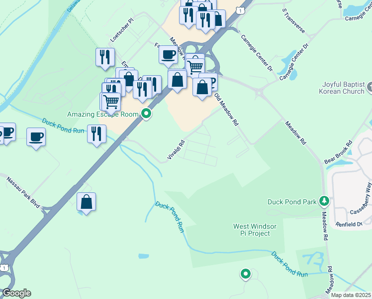 map of restaurants, bars, coffee shops, grocery stores, and more near Rossini Drive in Princeton
