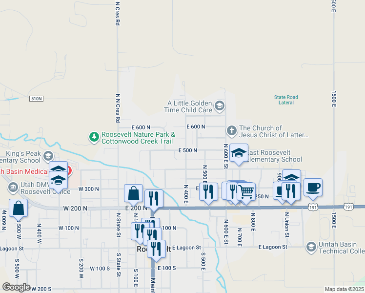 map of restaurants, bars, coffee shops, grocery stores, and more near 530 North 400 East in Roosevelt