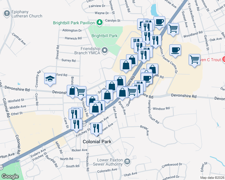 map of restaurants, bars, coffee shops, grocery stores, and more near 4914 Orchard Street in Harrisburg