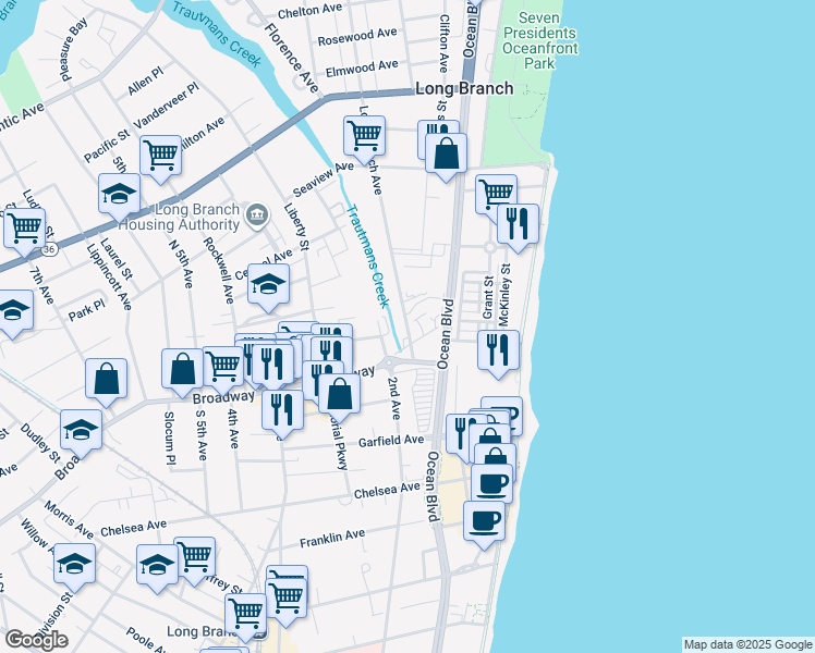 map of restaurants, bars, coffee shops, grocery stores, and more near 11 Long Branch Avenue in Long Branch