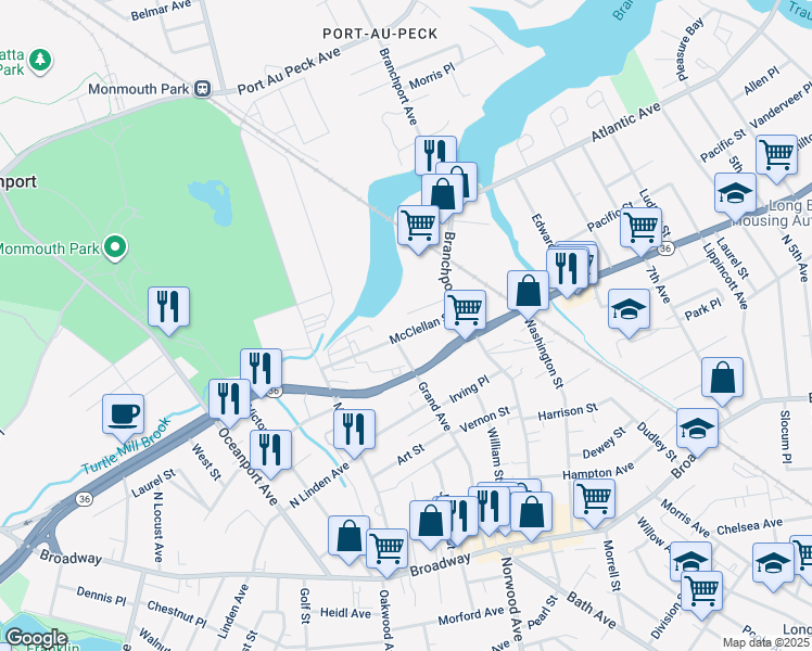 map of restaurants, bars, coffee shops, grocery stores, and more near 657 Mcclellan Street in Long Branch