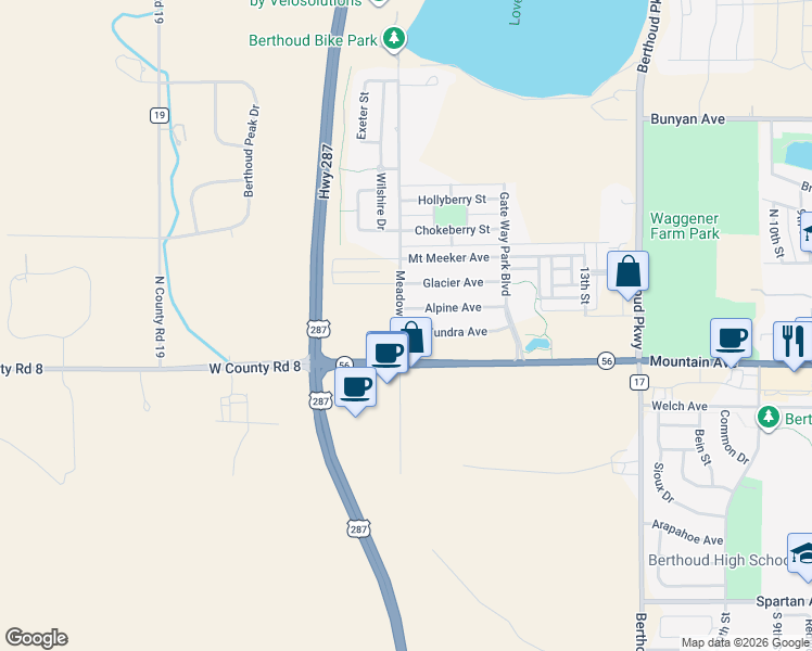 map of restaurants, bars, coffee shops, grocery stores, and more near 1637 Alpine Avenue in Berthoud