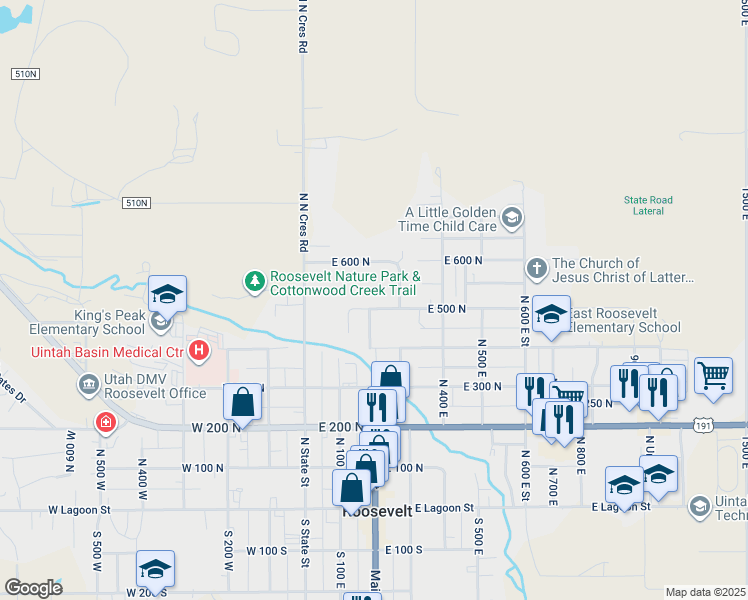 map of restaurants, bars, coffee shops, grocery stores, and more near 183 East 500 North in Roosevelt