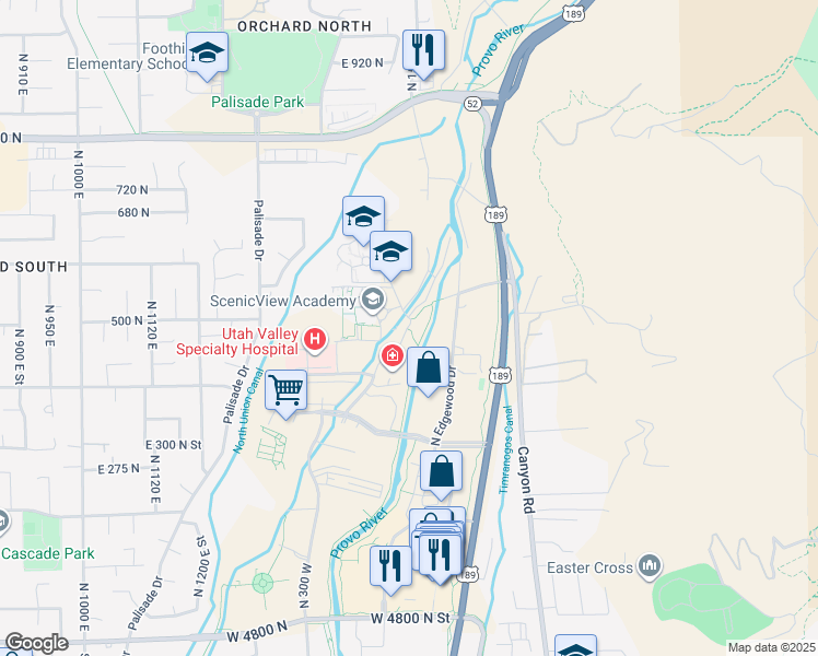 map of restaurants, bars, coffee shops, grocery stores, and more near 5448 Heritage School Drive in Provo