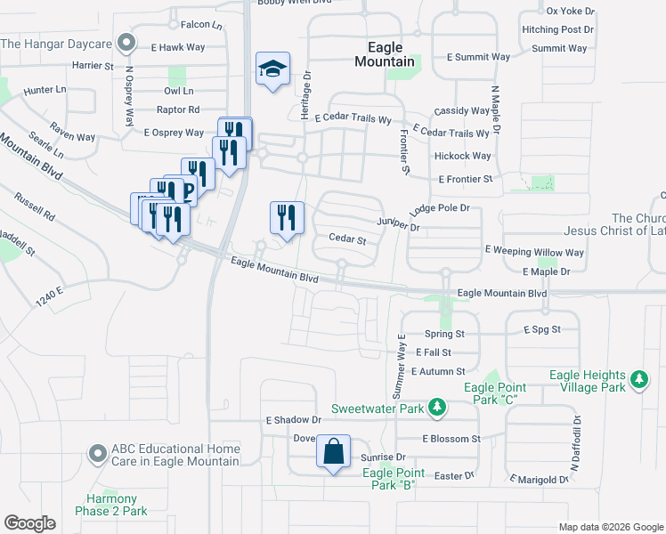 map of restaurants, bars, coffee shops, grocery stores, and more near 1789 East West Pinion Circle in Eagle Mountain