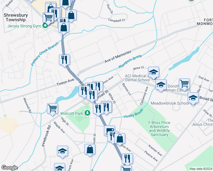 map of restaurants, bars, coffee shops, grocery stores, and more near 19 White Street in Eatontown