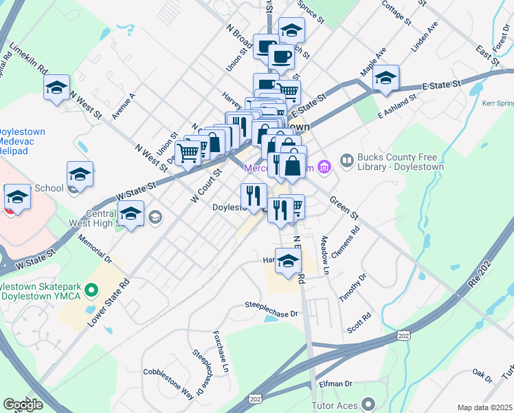 map of restaurants, bars, coffee shops, grocery stores, and more near 123 South Franklin Street in Doylestown