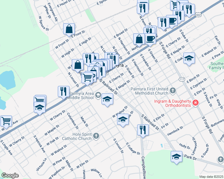 map of restaurants, bars, coffee shops, grocery stores, and more near 101 East Maple Street in Palmyra