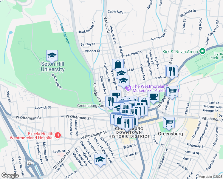 map of restaurants, bars, coffee shops, grocery stores, and more near 325 Concord Avenue in Greensburg